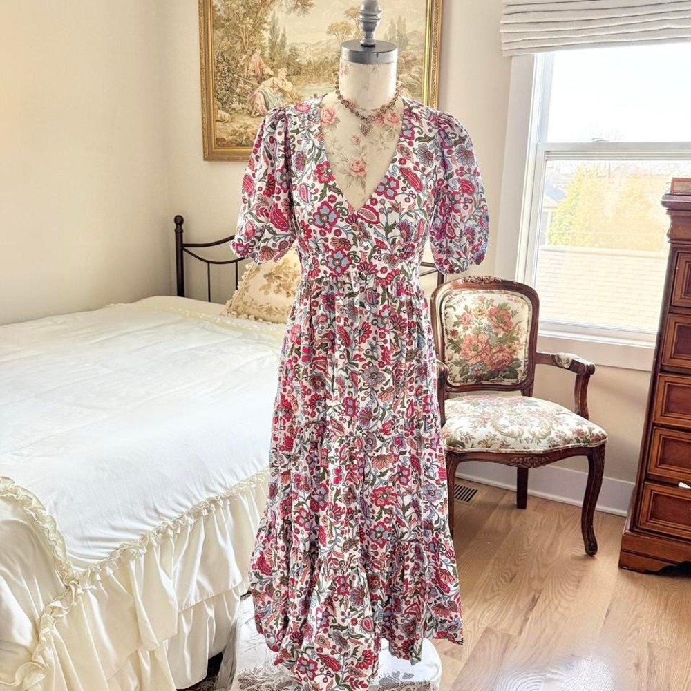 modern floral tiered midi dress Boden size 4
